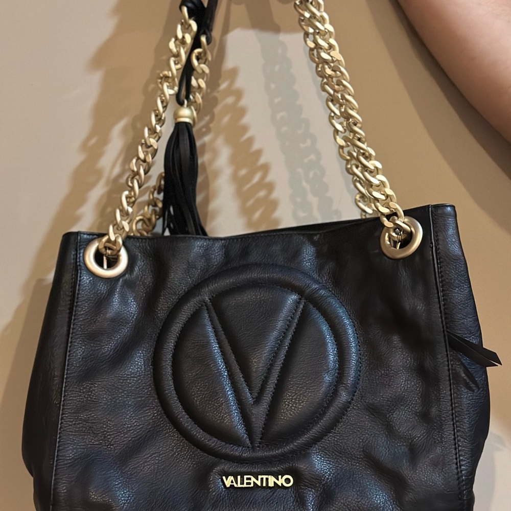 Valentino Black Leather Shoulder Bag with Gold Chain
